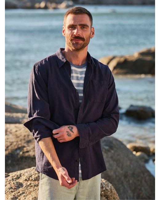 FatFace Blue Fatface Long Sleeve Linen Cotton Bugle Shirt for men
