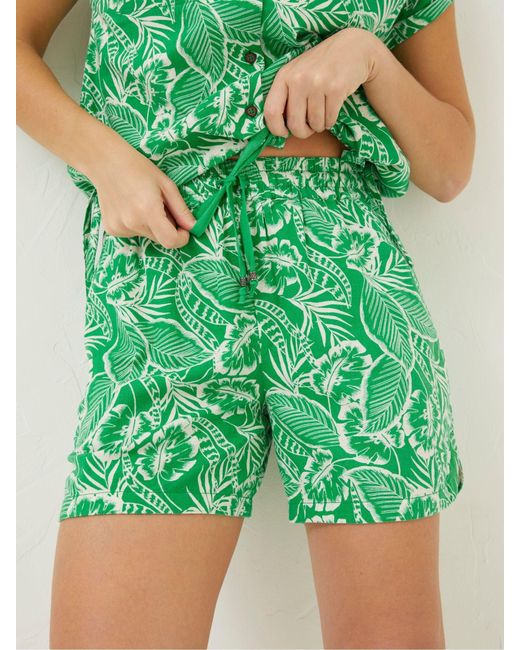 FatFace Green Fatface Tenby Linen Topical Leaf Shorts