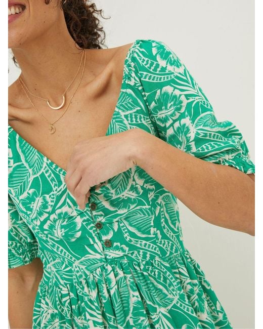 FatFace Green Fatface Aideen Linen Blend Leaf Dress
