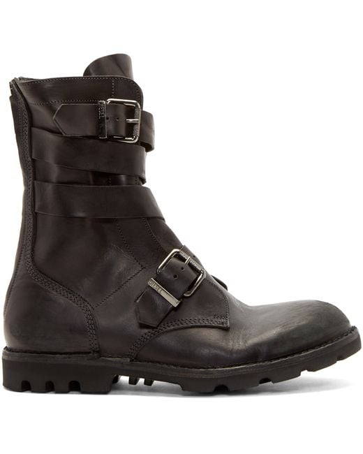 DIESEL Black Leather D-tankker Boots for men