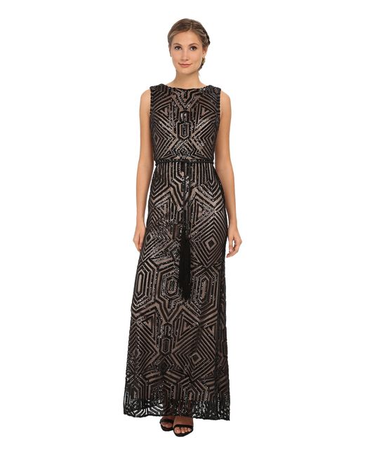 Vince Camuto Black All Over Geometric Sequin Gown W/ Fringe Sash