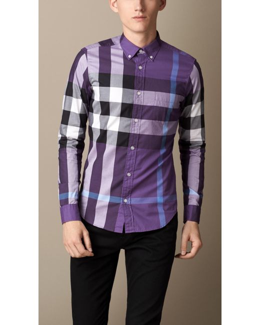 Burberry Exploded Check Cotton Shirt in Purple for Men | Lyst