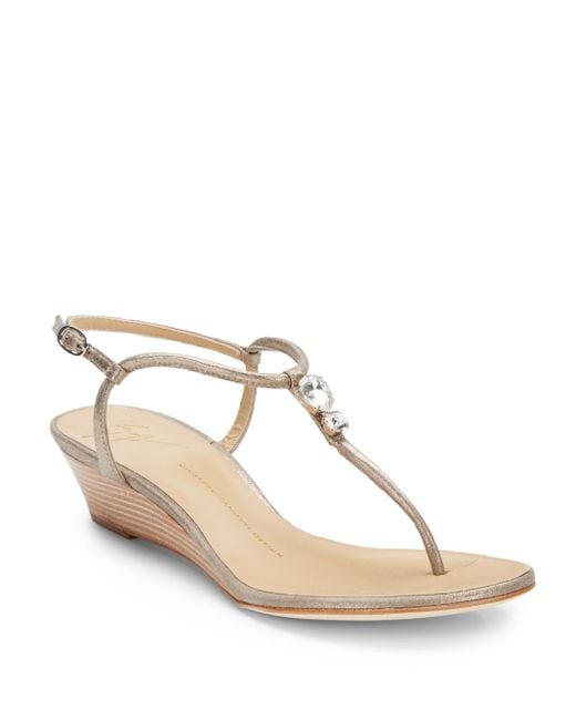 Giuseppe Zanotti Jeweled Low Wedge Thong Sandals in Natural Lyst