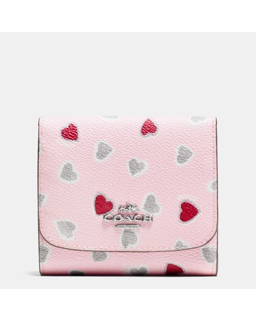 COACH Pink Small Wallet In Heart Print Coated Canvas