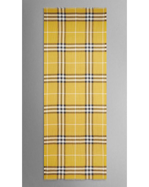 Burberry Yellow Lightweight Check Wool And Silk Scarf