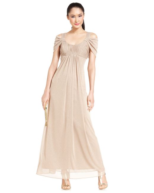 Alex Evenings Metallic Cold-Shoulder Ruched Glitter Gown