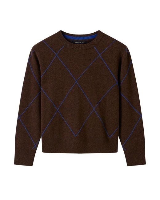 Whistles Brown Contrast Diamond Knit, Wool