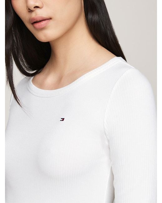 Tommy Hilfiger White Boat Neck Slim Long Sleeve T-Shirt