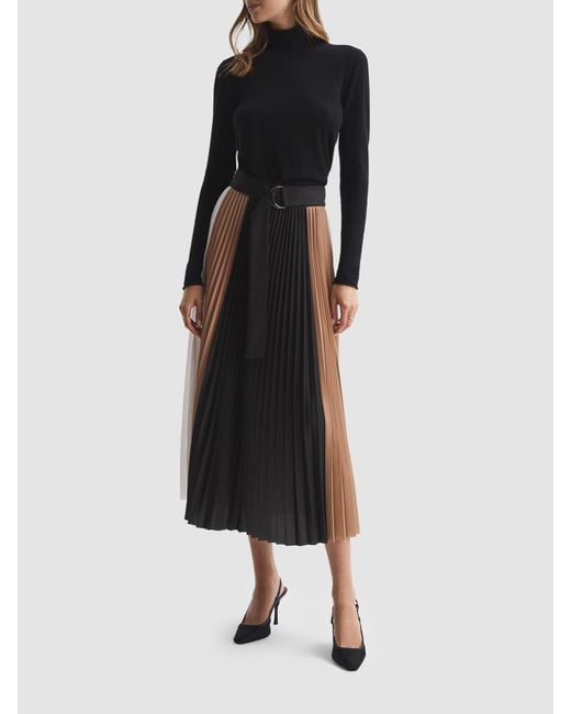 Reiss Black Ava High Rise Pleated Midi Skirt