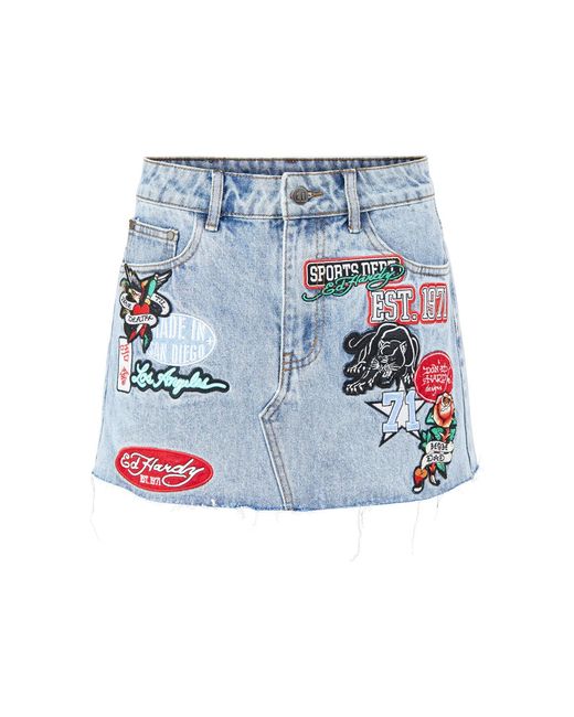 Ed Hardy Blue Multi Badge Tattoo Mini Skirt