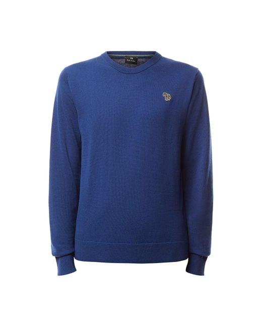 Paul Smith Blue Crew Neck Knit Zebra Badge Jumper for men