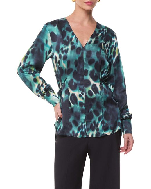 Whistles Blue Women's Misty Leopard V Neck Blouse