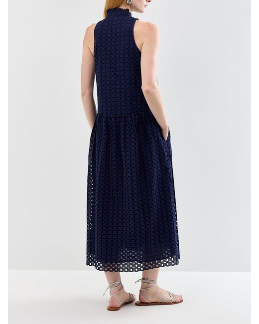 roandzo Blue Broderie V-Neck Midi Dress