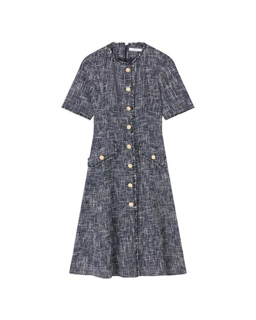 L.K.Bennett Blue Suzie & & Cream Blend Tweed Button Through Dress