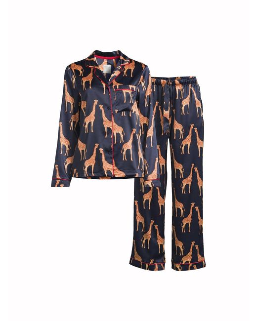 Chelsea Peers Blue Giraffe Print Satin Button Up Long Set