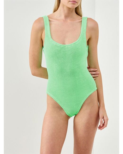 Hunza G Green Square Neck Crinkle Swimsuit