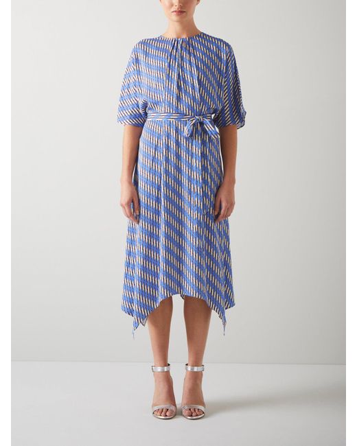 L.K.Bennett Blue Anni Geometric Print Handkerchief Hem Dress