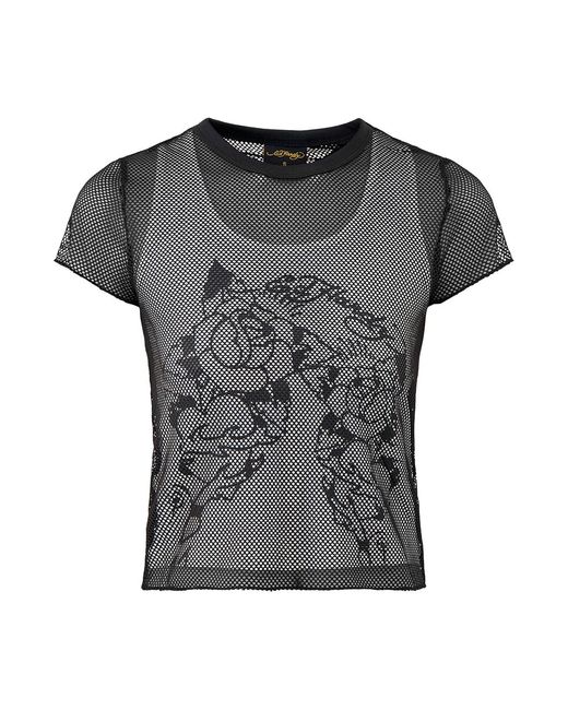 Ed Hardy Gray Double Layer Climbing Rose Mesh T-Shirt