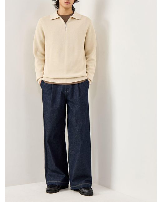 SELECTED Blue Structured Half Zip Polo Cream for men
