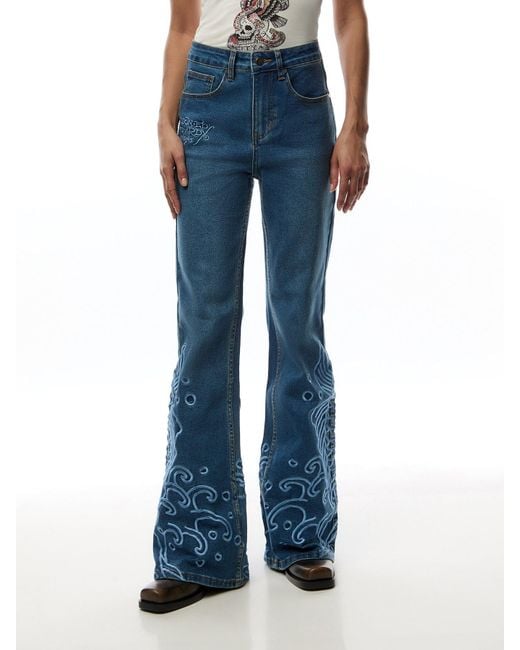 Ed Hardy Blue Jumping Koi Denim Flared Jeans