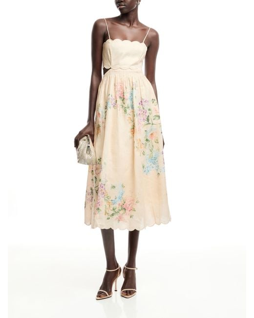 halliday scallop midi dress in cream watercolour floral zimmermann Zimmermann Halliday Scallop Midi Dress Cream Watercolour Floral Size 1 / AU 10