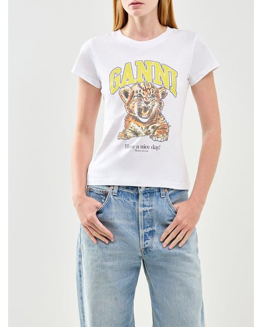 Ganni White Basic Jersey Baby Fit Tiger Graphic T-Shirt