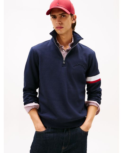 Tommy Hilfiger Blue Quarter-Zip Embossed Logo Jumper for men