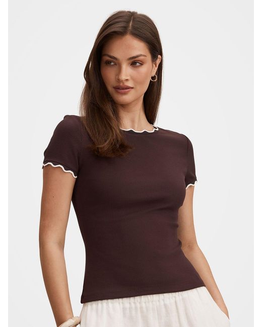 Forever New Brown Rebecca Scallop Trim T-Shirt