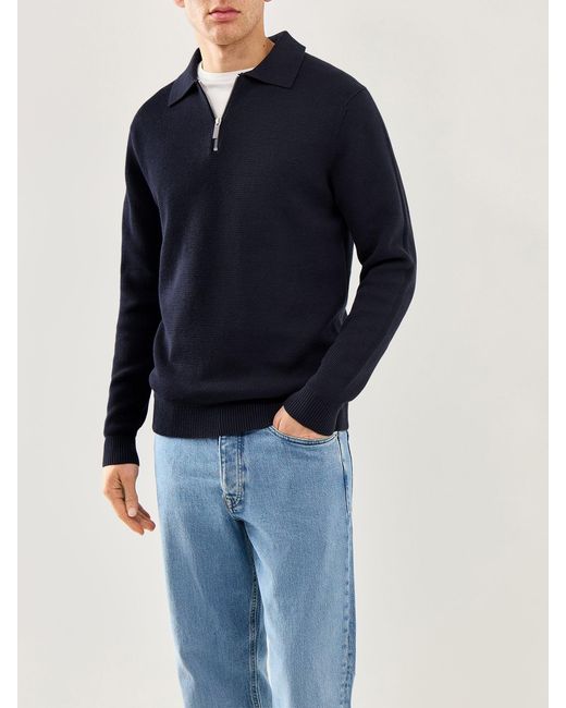 SELECTED Blue Knit Half Zip Polo for men