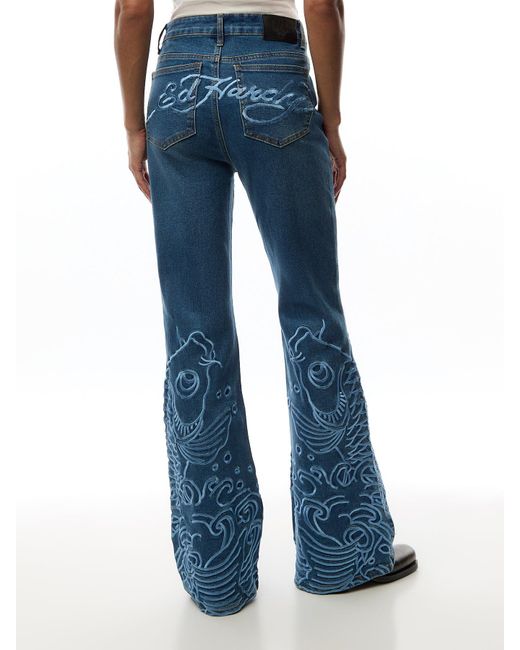 Ed Hardy Blue Jumping Koi Denim Flared Jeans