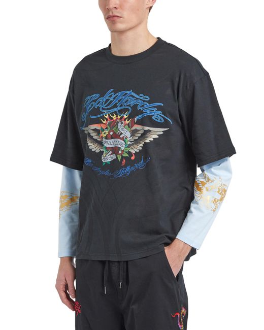 Ed Hardy Blue Men's Live Once Double Sleeve Relaxed Tshirt for men