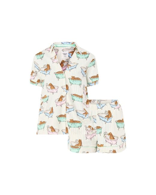 Chelsea Peers White Bathtime Leopards V Neck Button Up Short Pj Set