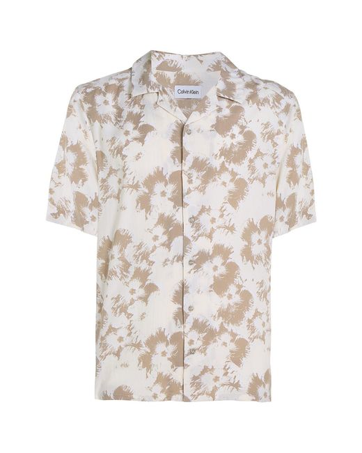 Calvin Klein White Floral Print Cuban Collar Shirt for men
