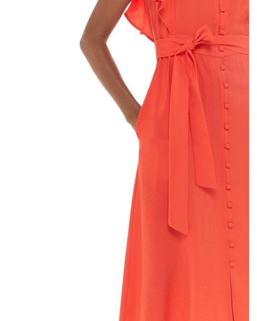 Whistles Red Sophie Frill-Sleeve Button-Down Woven Midi Dress