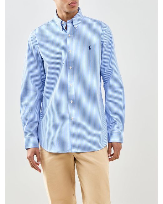 Polo Ralph Lauren Blue Custom Fit Poplin Stretch Stripe Shirt for men