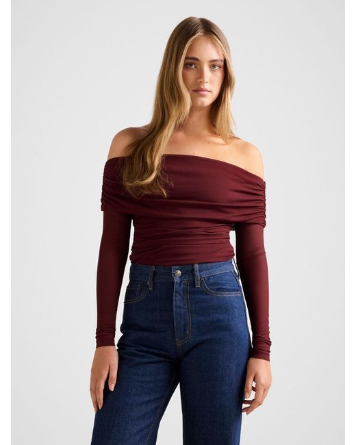Forever New Red Kaia Ruched Mesh Bardot Neck Top