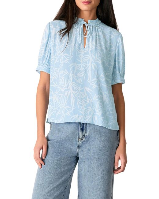 Whistles Blue Bamboo Leaves Tie Neck Blouse