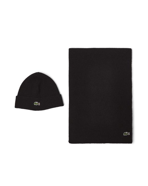 Lacoste Black Logo Beanie And Scarf Set for men