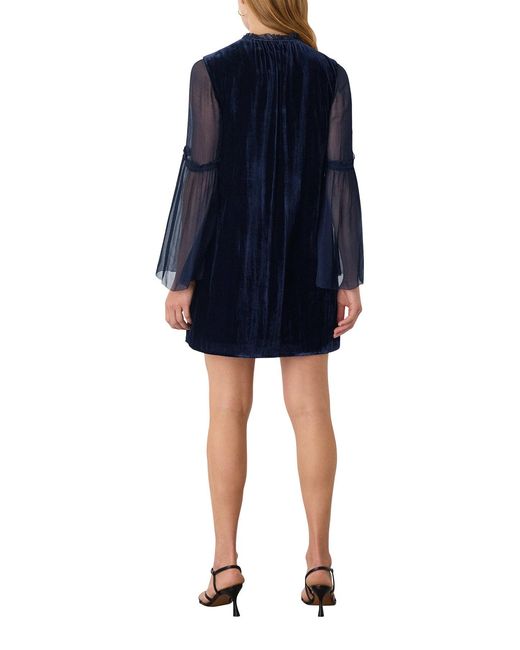 Whistles Blue Velvet Sheer Sleeve Dress