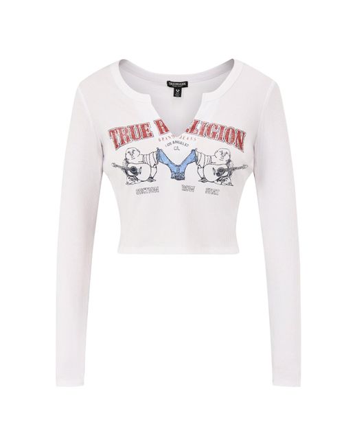True Religion White Buddha V-Neck Rib Long Sleeve Top