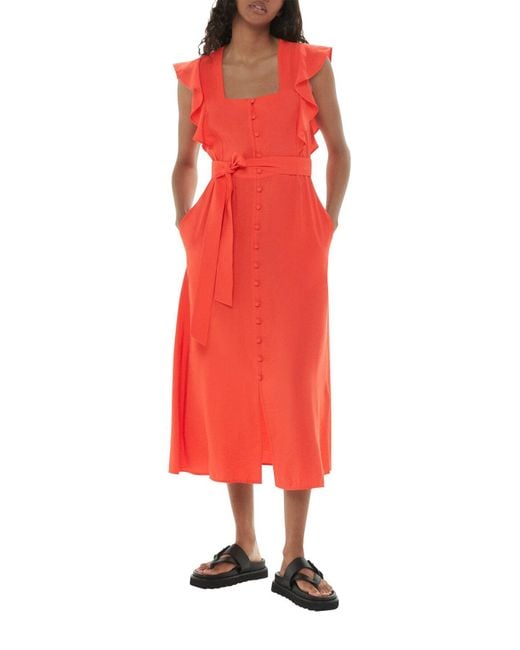 Whistles Red Sophie Frill-Sleeve Button-Down Woven Midi Dress
