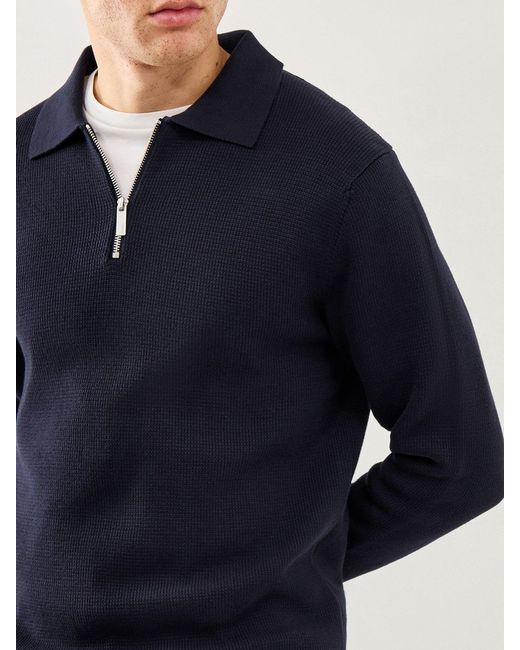 SELECTED Blue Knit Half Zip Polo for men