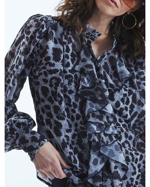 James Lakeland Blue Leopard Print Front Ruffle Shirt