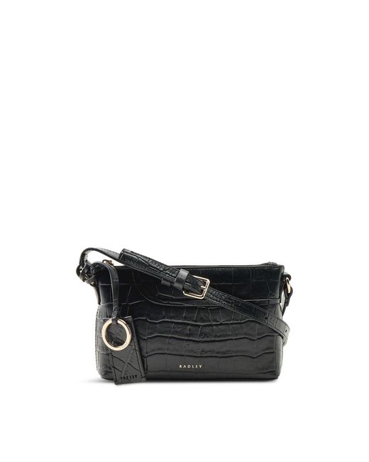 Radley Black Pockets Faux Croc Mini Zip Top Shoulder Bag