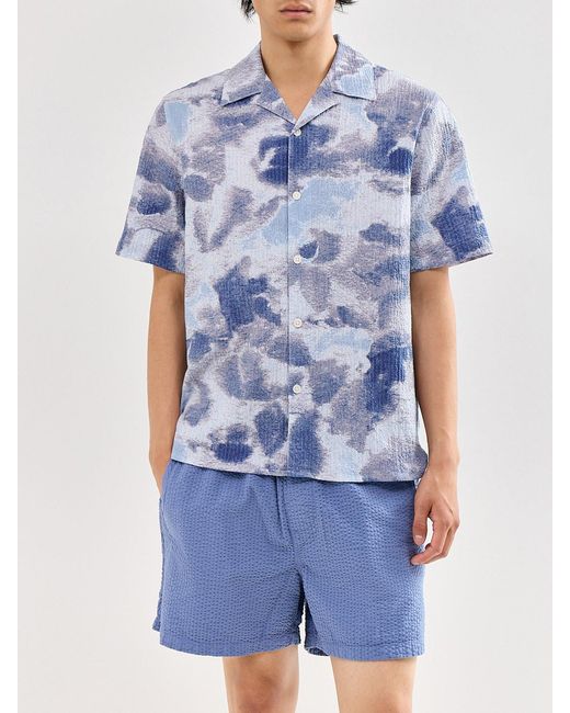 Wax London Blue Didcot Watercolour Print Short Sleeve Shirt for men