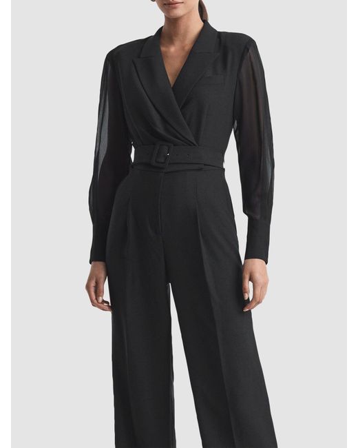 Reiss Black Flora Sheer Belted Double Breasted Jumpsuit