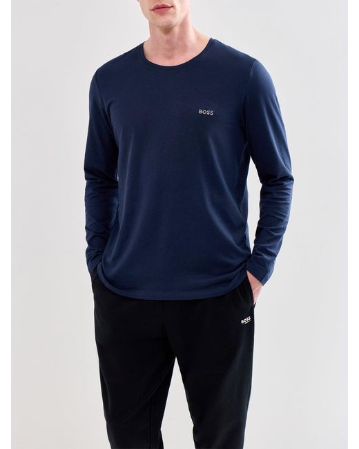 Boss Blue Embroidered Logo Long Sleeve Stretch T Shirt for men