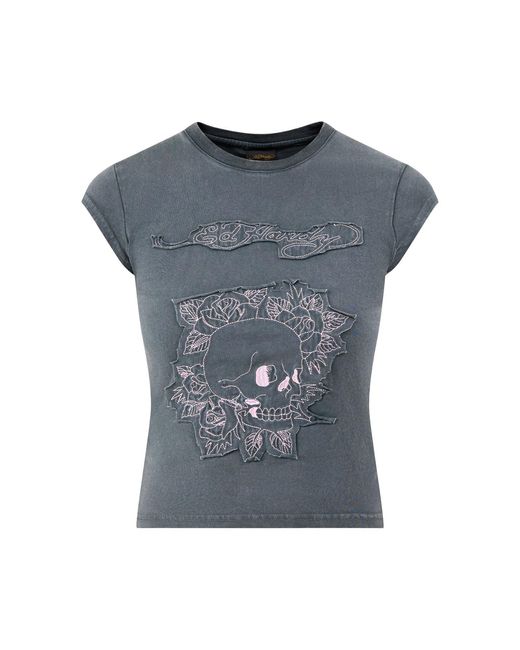 Ed Hardy Blue Floral Skull Self Applique Cap Sleeve Tee