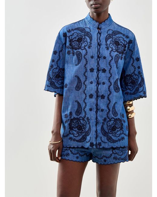 Zimmermann Blue Aster Embroidered Short Sleeve Shirt