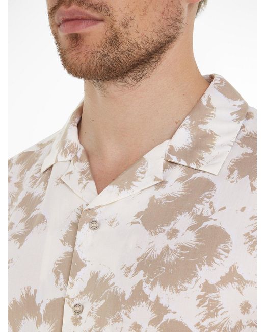 Calvin Klein White Floral Print Cuban Collar Shirt for men